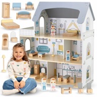 DREWNIANY DOMEK DLA LALEK Z TARASEM I AKCESORIAMI BIAŁY MAMABRUM DLA DZIECI