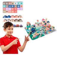 DREWNIANE KLOCKI ZESTAW DROGA MIASTO 115 ELEMENTÓW MATA PUZZLE AKCESORIA