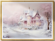 A2 PLAKAT OBRAZ, PLAKAT PEJZAŻ ZIMOWY DOM Z WIEŻYCZKAMI ZIMA ŚNIEG LÓD