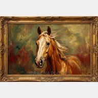 Druk konia ze złotą starą ramą, obraz olejny na płótnie 58x85 głowa koń art