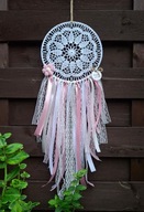 Łapacz snów wstążki koronki biel róż ecru 18 cm