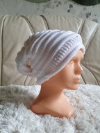 CZAPKA ZIMOWA JESIENNA PERŁY BIAŁA MIŁA PEREŁKI zdobiona wzory prążki