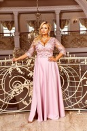Crystal suknia wieczorowa plus size 46 rękaw 3/4 pudrowy róż