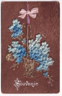 Niezapominajki kartka na drewnie sklejce 1906r. handmade