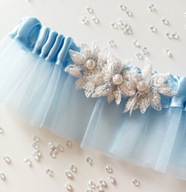 Podwiązka ślubna Mia niebieska błękitna tiulowa kwiaty3D koraliki PLUS SIZE