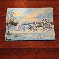 Pocztówka obrazek zimowy pejzaż ręcznie malowany