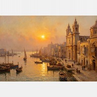 Stare miasto ocean wschód słońca nastrojowy obraz olejny 55x80 barok art