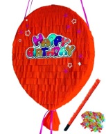 Piniata Balon Happy Birthday 37*30*8cm czerwony. Zestaw z kijem i konfetti.