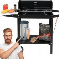 STALOWY GRILL OGRODOWY BEZ POKRYWY WĘGLOWY GRILL Z RUSZTEM 4 POZIOMY +PÓŁKI