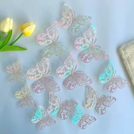 Mieniące Motyle 3D Naklejki Perłowe Różowe Ażurowe 12szt Skrzydełka kwiaty
