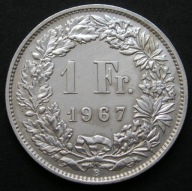 Szwajcaria 1 frank 1967 - srebro - stan 1/2