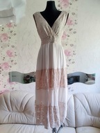 SUKIENKA JASNOBEŻOWA MIDI MAXI DŁUGA KWIATY HAFTEM koronka maxi siateczka