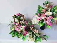 Komplet Cmentarz Latarenka Drewno Róże Kalie Gladiola Duży