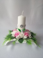 Stroiki Komunia Świeca IHS Kwiaty Piankowe Biało - Różowe