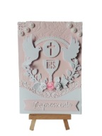 ZAPROSZENIA KOMUNIA DZIEWCZYNKA KIELICH Z HOSTIĄ GOŁĘBIE – B6 – RÓŻ