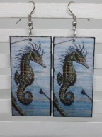 Kolczyki Konik morski decoupage prostokąty grafika retro Handmade