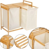 KOSZ NA PRANIE WĄSKI BAMBUSOWY 2 KOMORY WYSUWANY PÓŁKA WYCIĄGANY WKŁAD 80L