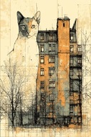 Gigantyczny duży kot przy budynku w mieście obraz na płótnie 58x85 szkic