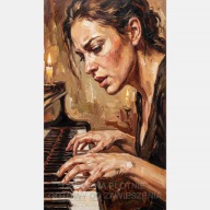 Kobieta grająca z pasją na fortepianie obraz olejny na płótnie 55x90 muzyka