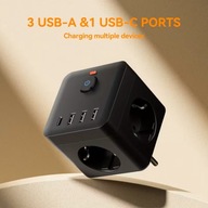 Rozgałęźnik 7-w-1 z Ochroną Przeciwprzepięciową,Kostka