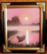 ŚWIT NAD JEZIOREM-OBRAZ OLEJNY NA PŁÓTNIE-45X39