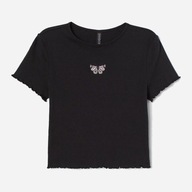 H & M t-shirt babytee motylek crop top y2k falbanka czarny haft wzór nadruk