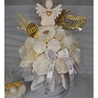 Flower Box Komunijny z Aniołkiem Biało-Złoty Prezent I Komunia Święta