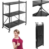 REGAŁ MAGAZYNOWY METALOWY CZARNY 3 PÓŁKI SKŁADANY NA KÓŁKACH 88x73x37,5 cm