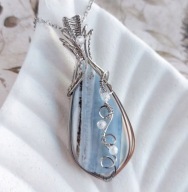 Duży wisior z opalem niebieskim, srebrna stal, biżuteria wire wrapping