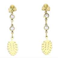 61150 KOLCZYKI złota stal chirurgiczna liście monstery cyrkonie