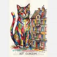 Kot olbrzym kolorowy szkic obraz na płótnie 55x80 budynek kamienica art