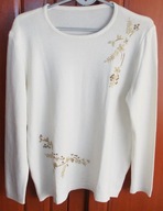 Bluzka sweterkowa ecru wełna haft roślinny Vintage 38