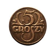 Polska moneta o nominale 5 groszy z 1931 r. z okresu II Rzeczypospolitej