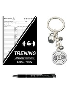 Zeszyt notes treningowy + brelok hantel talerz kettlebell + długopis czarny