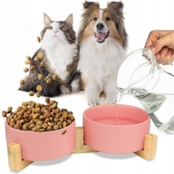 PODWÓJNA MISKA CERAMICZNA 400ML RÓŻOWA DREWNIANA PODSTAWKA DLA PSA KOTA