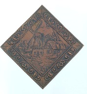 Domek z młynem - wiatrak - tabliczka obrazek z mosiądzu - bardzo stara 20cm