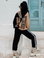 ZOCCO Sportowy bawełniany komplet bluza z kapturem i spodnie czarno beżowy