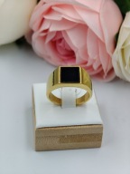 Złoty Sygnet Męski stal 316L z Czarnym Onyksem kwadrat retro rozmiar 13