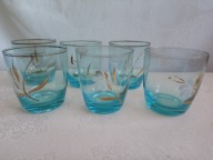 Szklanki z błękitnego szkła, ręcznie zdobione RETRO PRL - 6 szt