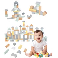 KLOCKI DREWNIANE PASTELOWE 100 SZTUK ZESTAW XL PASTELOWE KOLORY 8 KSZTAŁTÓW