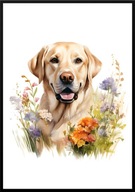 A2 PLAKAT PIES W KWIATACH RASA LABRADOR ŻÓŁTY
