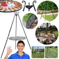 GRILL WĘGLOWY OGRODOWY 180CM TRÓJNÓG ŻELIWNY MOCY RUSZT 80CM REGULOWANY