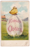 Kurczaki pisanka łąka chata ok.1903r. LITOGRAFIA Tłoczona M032