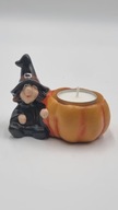 Ceramiczny terakotowy świecznik dynia Czarownica Halloween 10 cm lewa