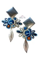 Kolczyki Haft Sutasz Agat Stal Niebiesko Szare