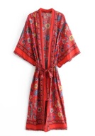 Czerwone kimono plażowe damskie BOHO - pawi/kwiatowy wzór
