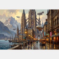 Stare miasto obraz olejny na płótnie 58x85 gotyk jezioro góry retro future