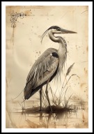 A2 PLAKAT RYSUNEK SZKIC VINTAGE RETRO PTAK CZAPLA SIWA