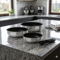 NOWOCZESNY ZESTAW 3 PATELNIE 20, 24, 28CM + UCHWYT INDUKCJA GAZ