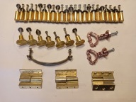 Stare gałki i zawiasy meblowe, mosiądz i aluminium